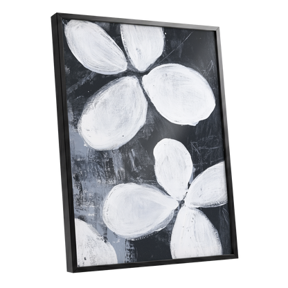 Monochrome Petal Drift, black, white, gray floral wall art shown as a black framed poster wall art print