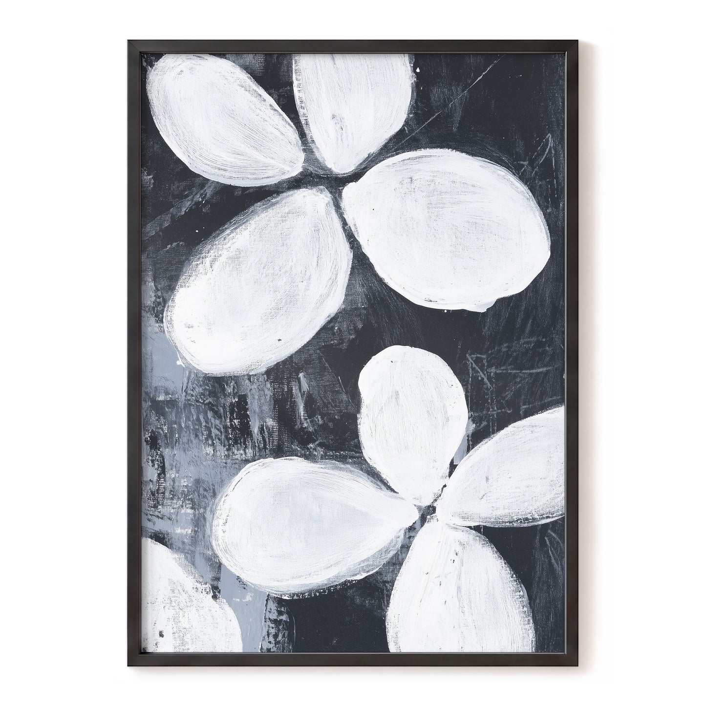 Monochrome Petal Drift, black, white, gray floral wall art, front artwork view