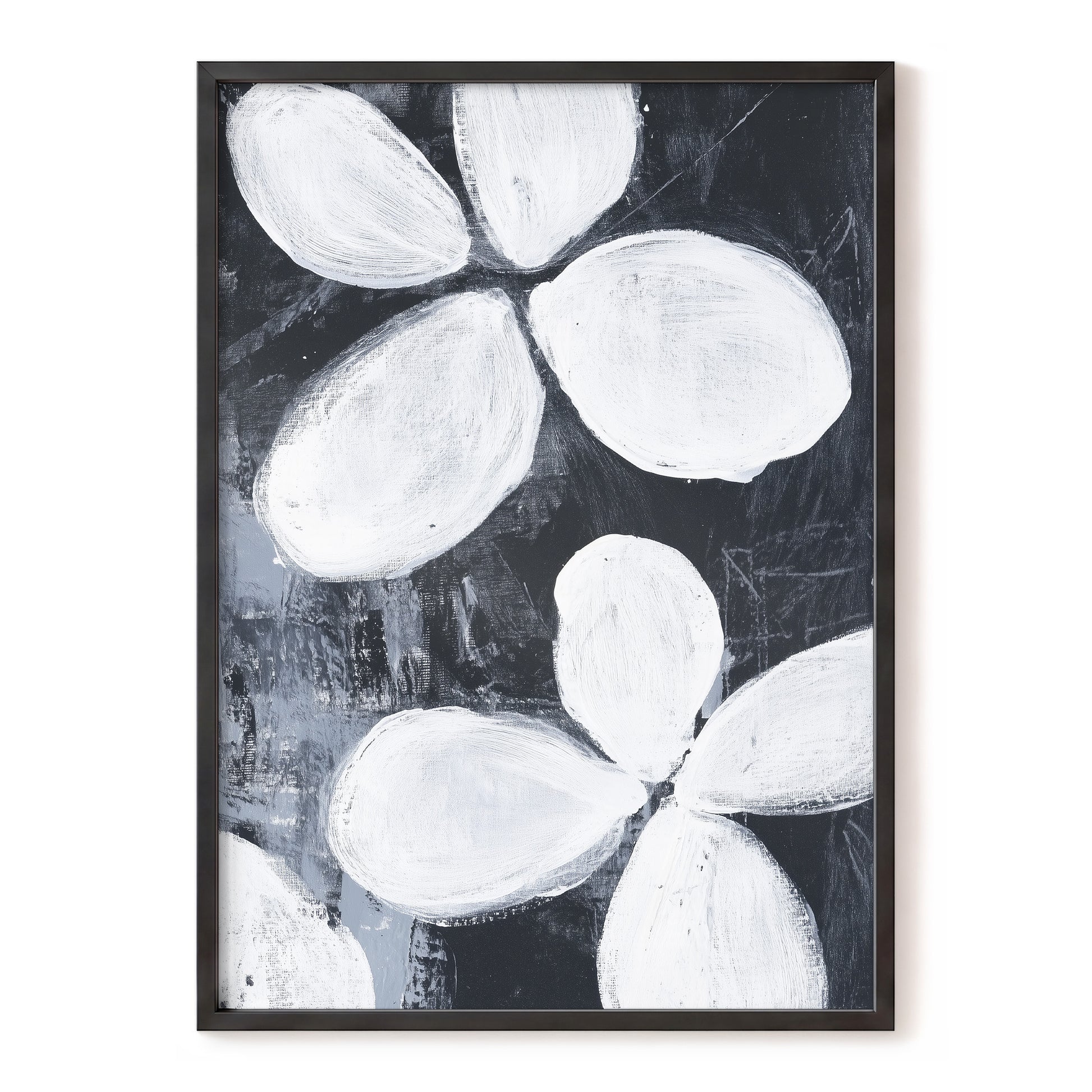 Monochrome Petal Drift, black, white, gray floral wall art, front artwork view