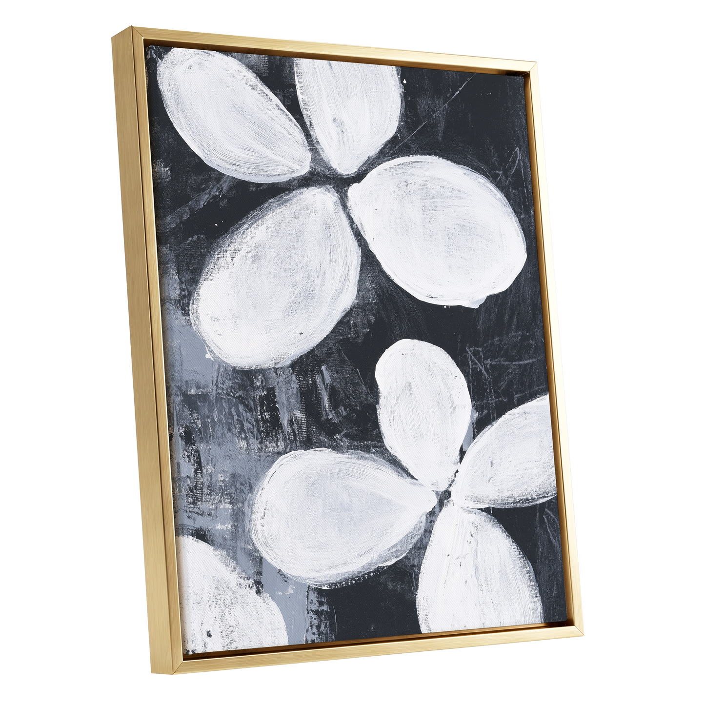 Monochrome Petal Drift, black, white, gray floral wall art shown as a gold framed canvas wall art