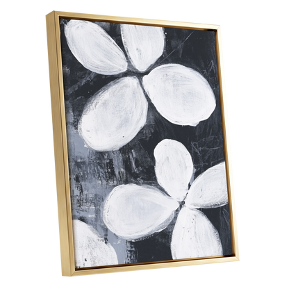 Monochrome Petal Drift, black, white, gray floral wall art shown as a gold framed canvas wall art