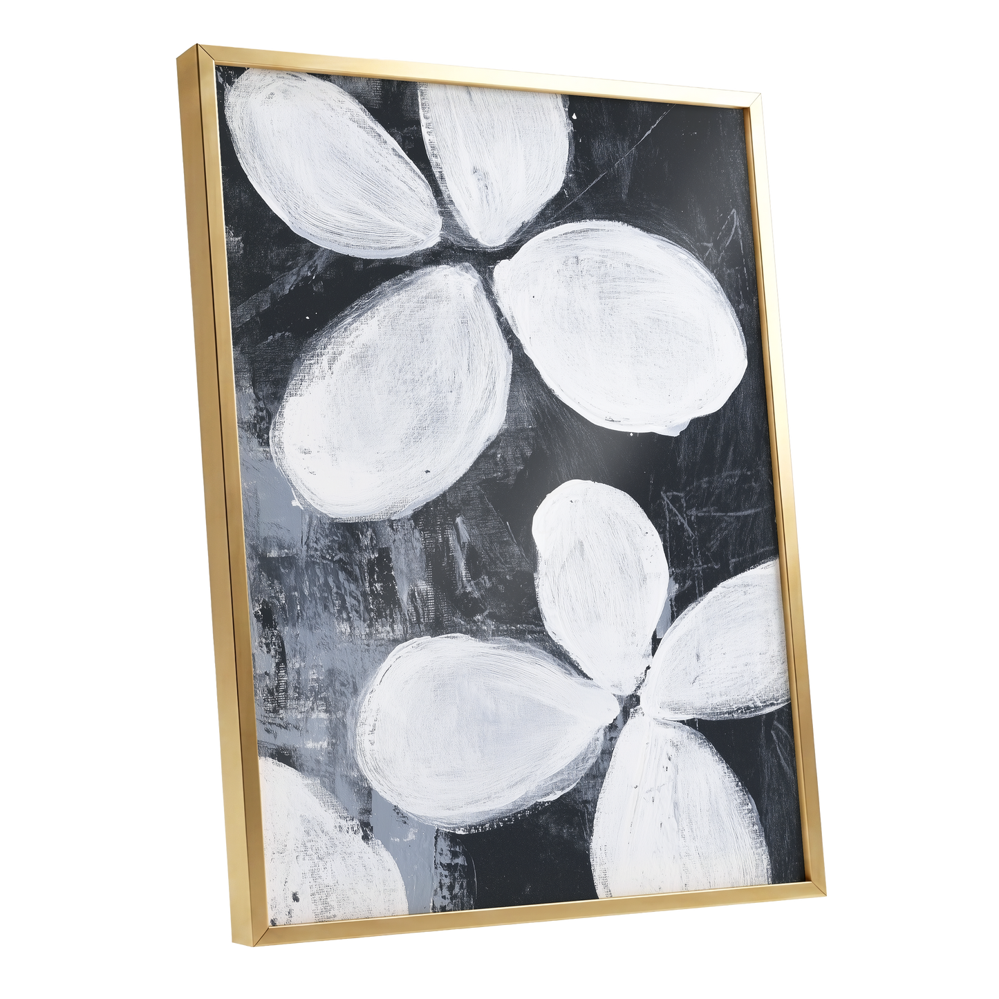 Monochrome Petal Drift, black, white, gray floral wall art shown as a gold framed poster wall art print