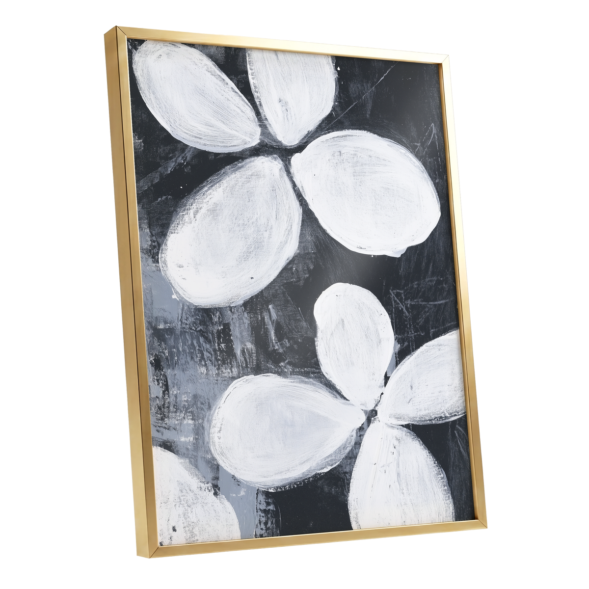 Monochrome Petal Drift, black, white, gray floral wall art shown as a gold framed poster wall art print