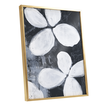 Monochrome Petal Drift, black, white, gray floral wall art shown as a gold framed poster wall art print