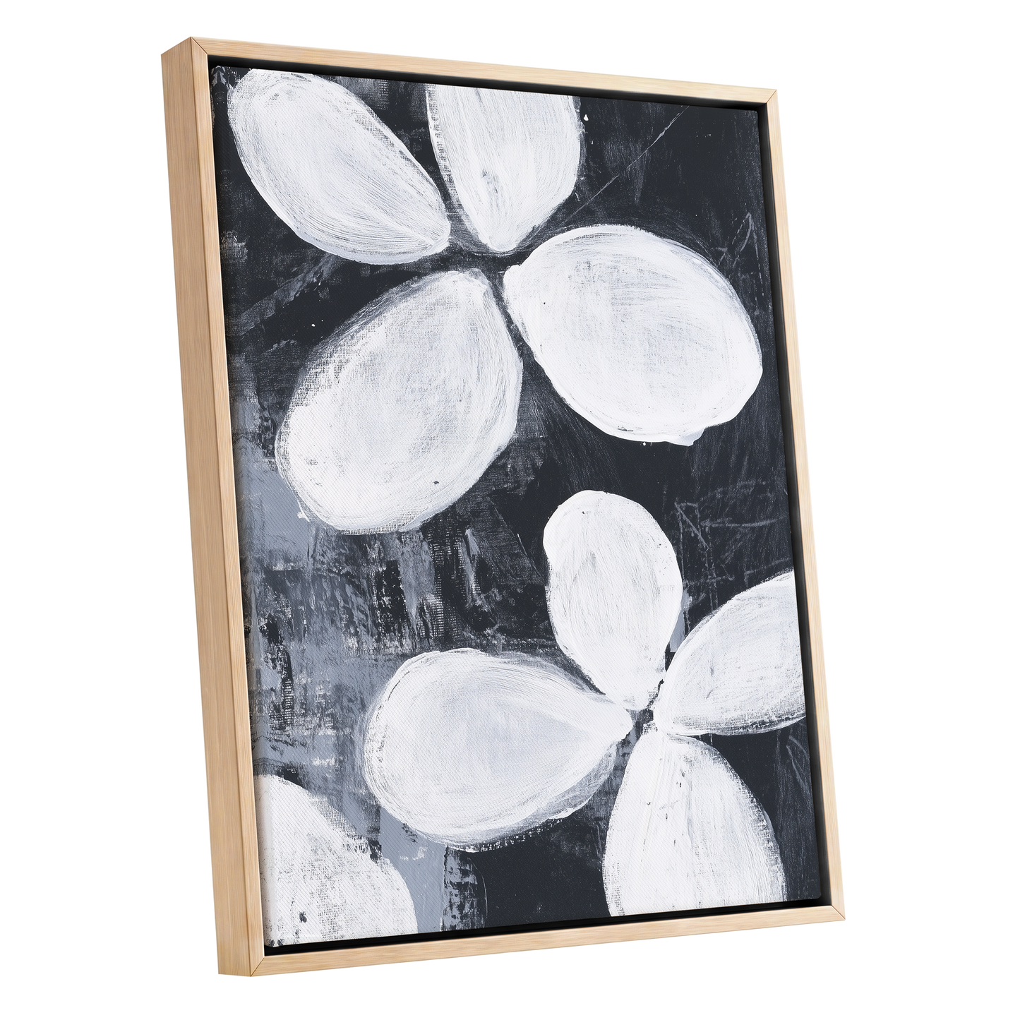 Monochrome Petal Drift, black, white, gray floral wall art shown as a oak framed canvas wall art