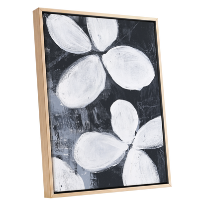 Monochrome Petal Drift, black, white, gray floral wall art shown as a oak framed canvas wall art