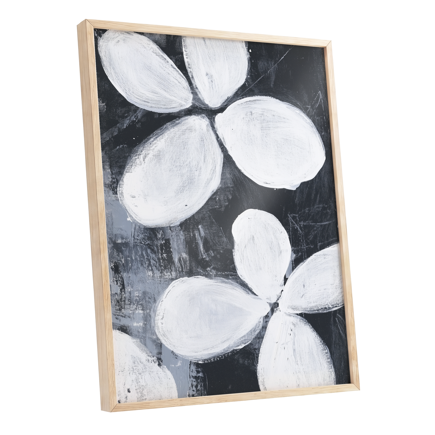 Monochrome Petal Drift, black, white, gray floral wall art shown as a oak framed poster wall art print