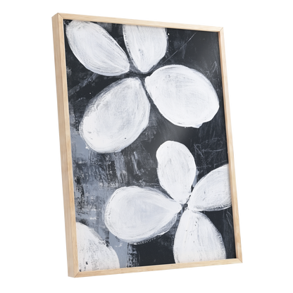 Monochrome Petal Drift, black, white, gray floral wall art shown as a oak framed poster wall art print
