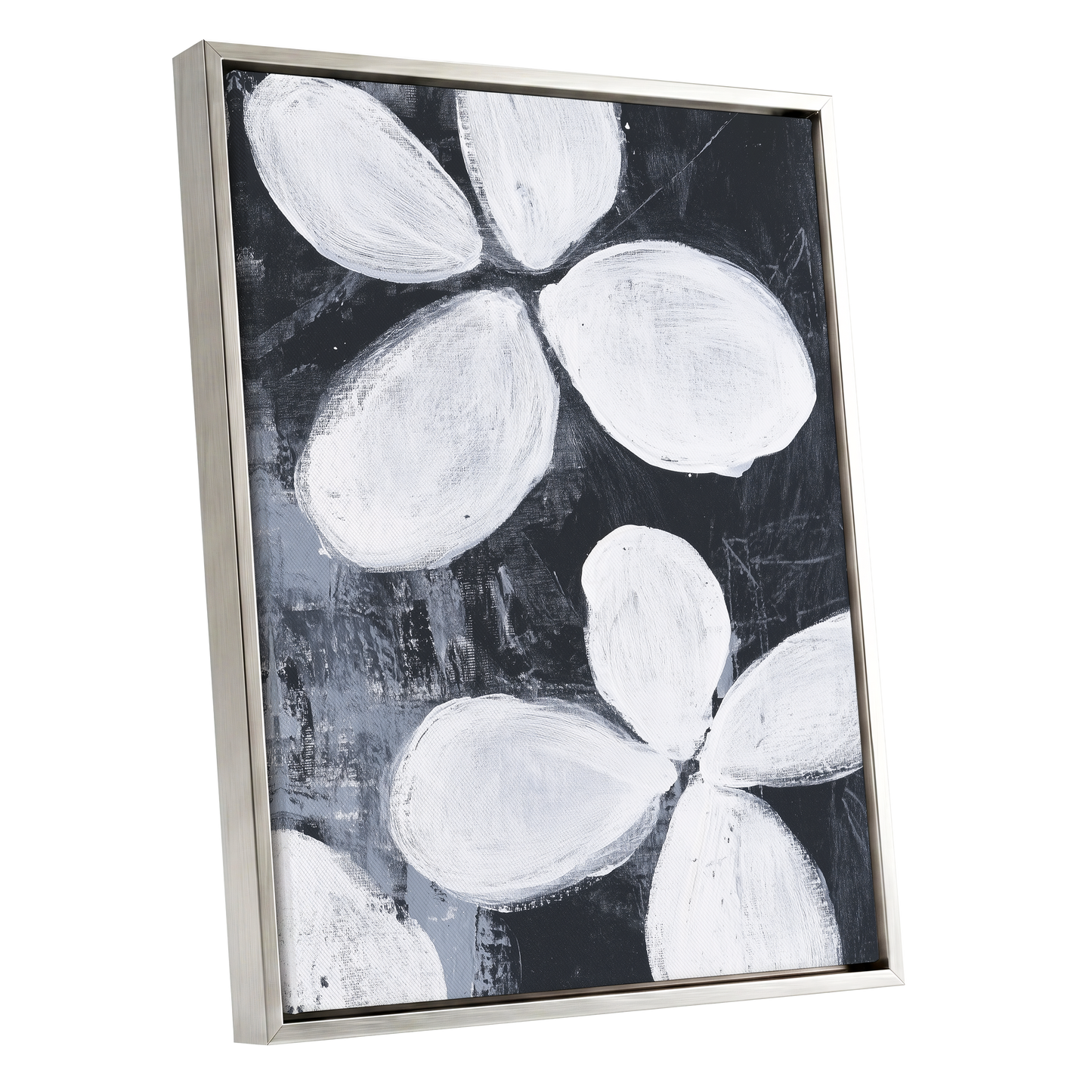 Monochrome Petal Drift, black, white, gray floral wall art shown as a silver framed canvas wall art