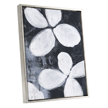Monochrome Petal Drift, black, white, gray floral wall art shown as a silver framed canvas wall art