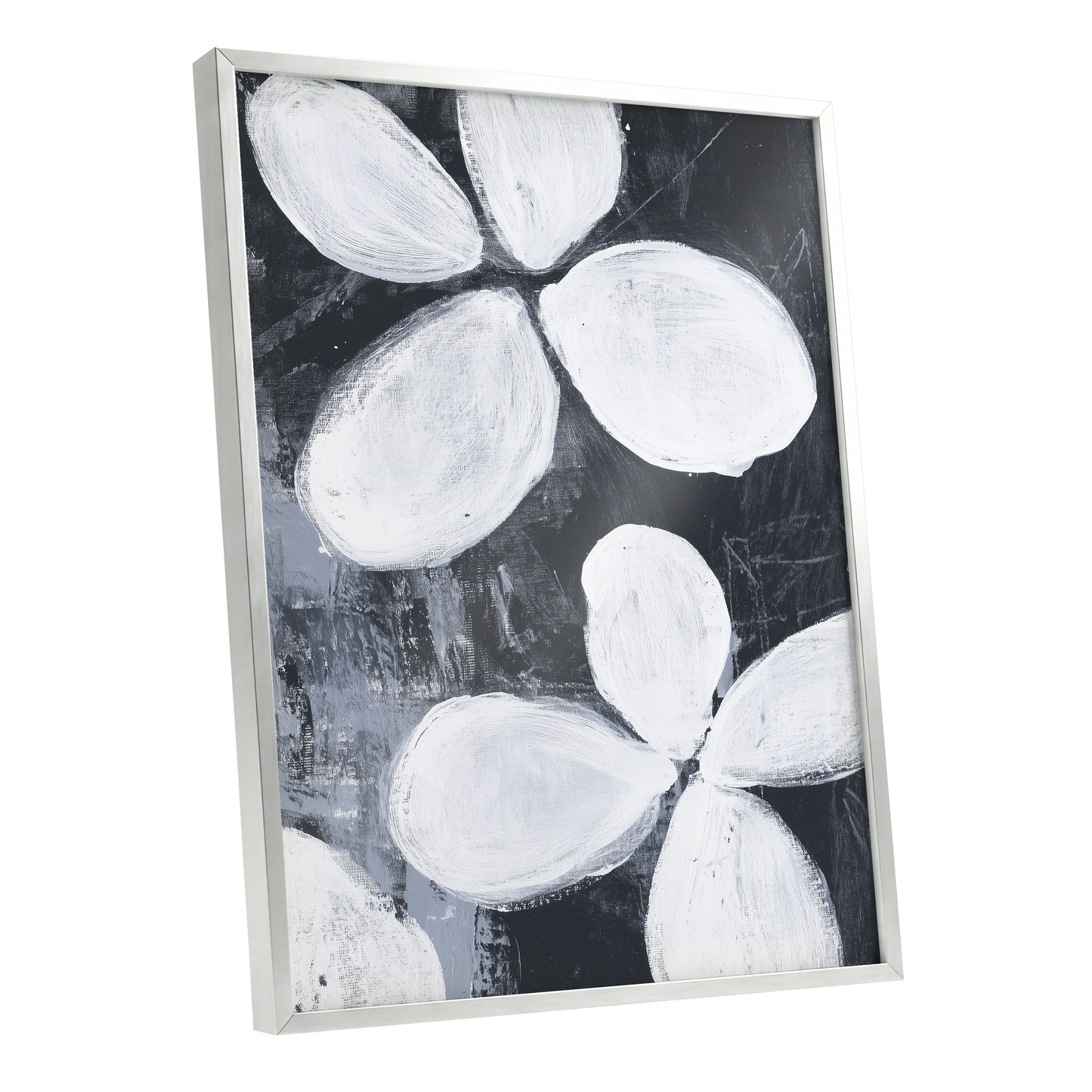 Monochrome Petal Drift, black, white, gray floral wall art shown as a silver framed poster wall art print