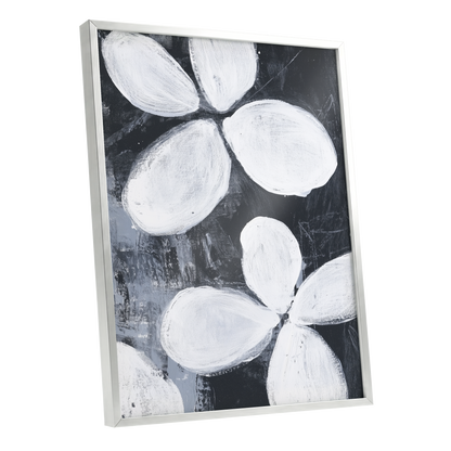 Monochrome Petal Drift, black, white, gray floral wall art shown as a silver framed poster wall art print