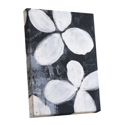 Monochrome Petal Drift, black, white, gray floral wall art shown as a stretched canvas wall art