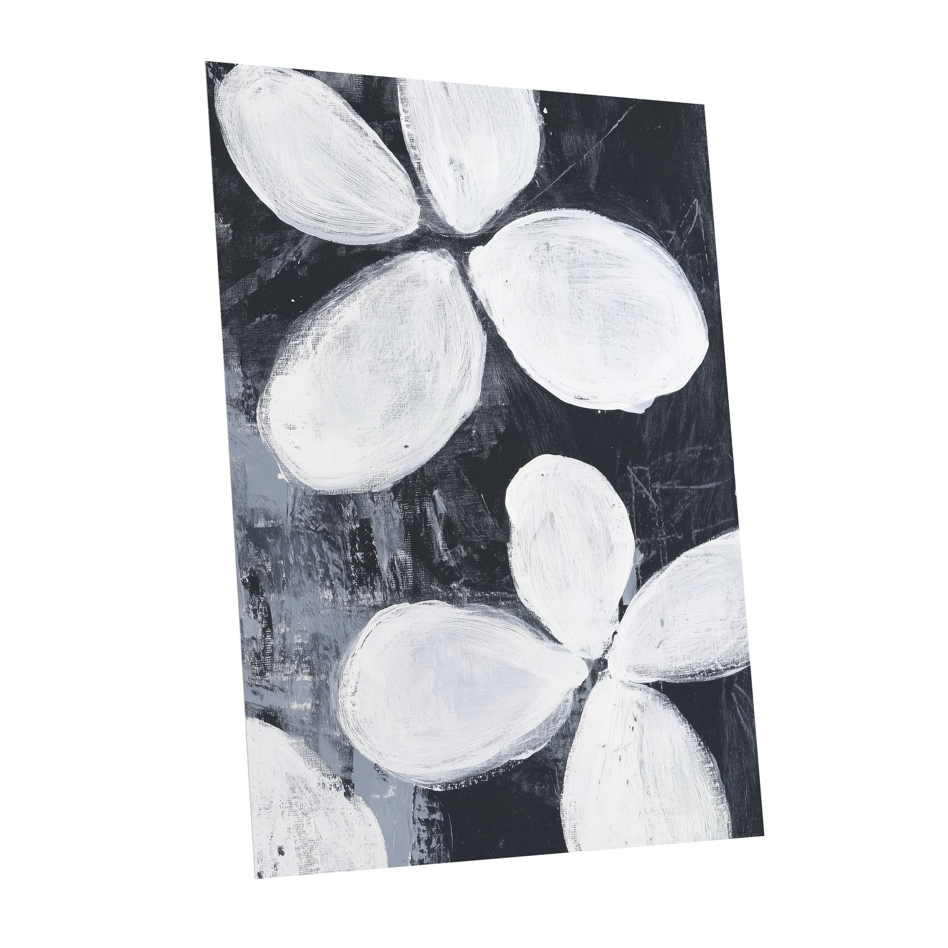 Monochrome Petal Drift, black, white, gray floral wall art shown as a unframed poster wall art print