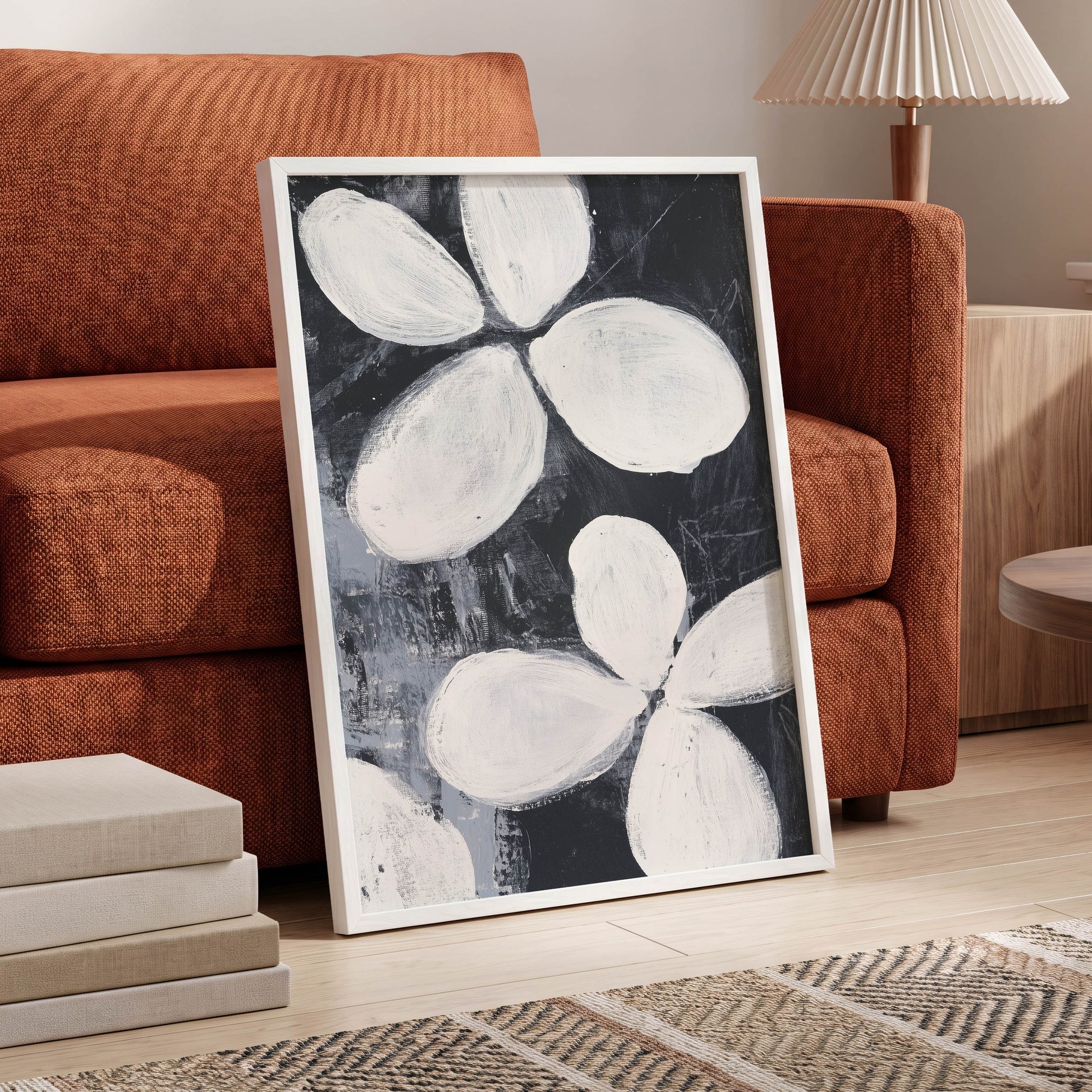Monochrome Petal Drift, black, white, gray floral wall art displayed in a styled interior, gallery view 2