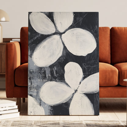 Monochrome Petal Drift, black, white, gray floral wall art displayed in a styled interior, gallery view 3