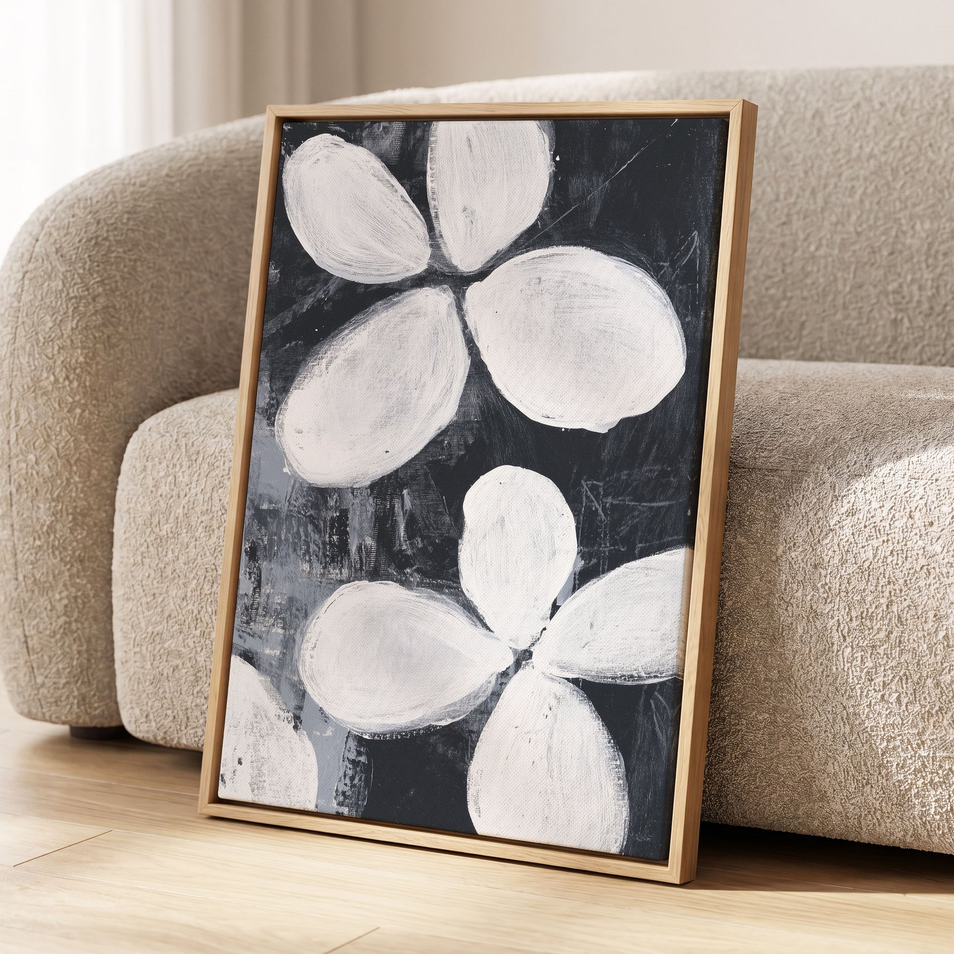 Monochrome Petal Drift, black, white, gray floral wall art displayed in a styled interior, gallery view 4