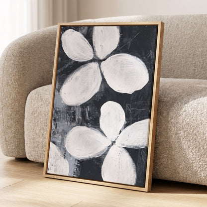 Monochrome Petal Drift, black, white, gray floral wall art displayed in a styled interior, gallery view 4