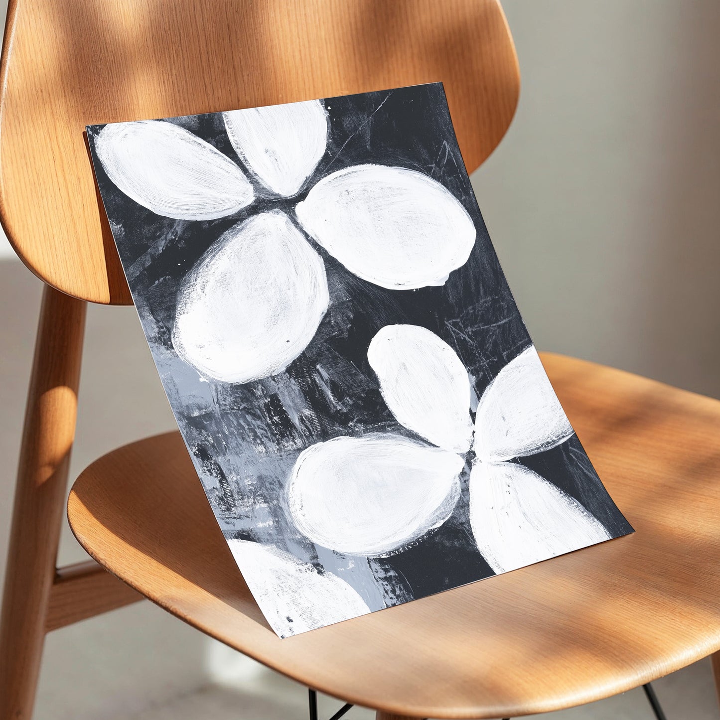 Monochrome Petal Drift, black, white, gray floral wall art displayed in a styled interior, gallery view 5