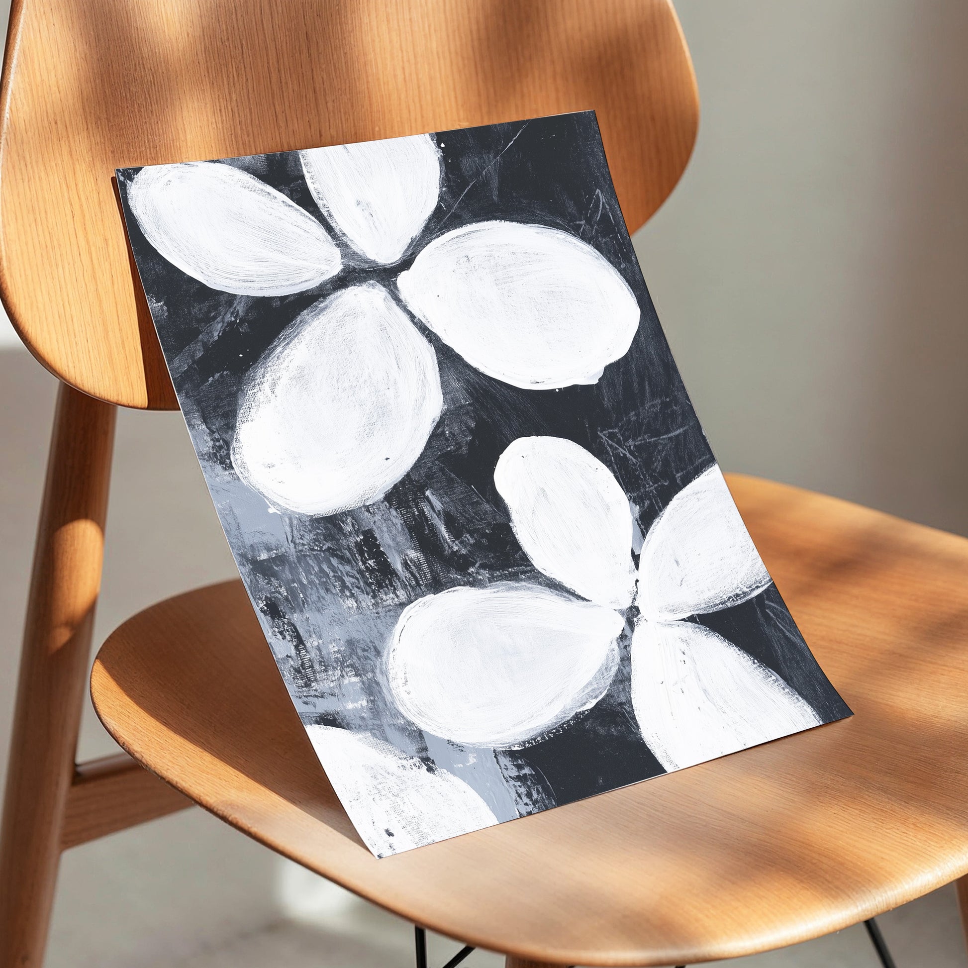 Monochrome Petal Drift, black, white, gray floral wall art displayed in a styled interior, gallery view 5