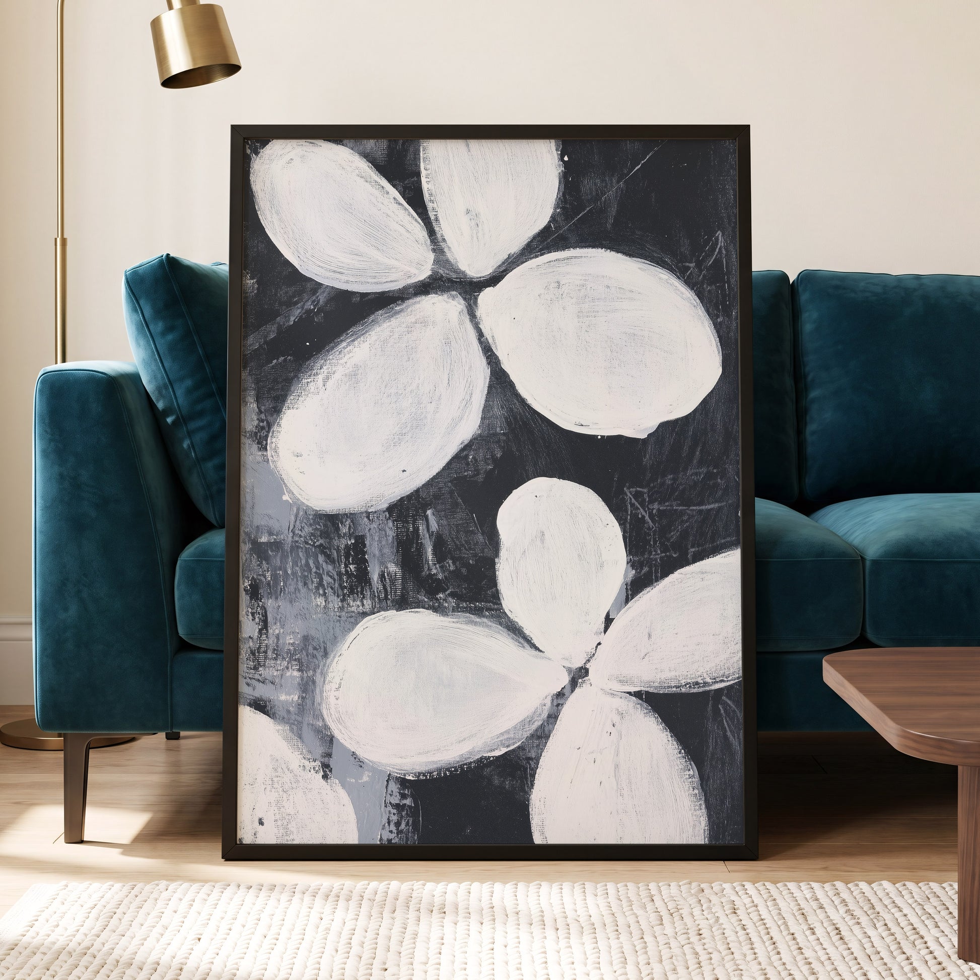 Monochrome Petal Drift, black, white, gray floral wall art displayed in a styled interior, gallery view 6