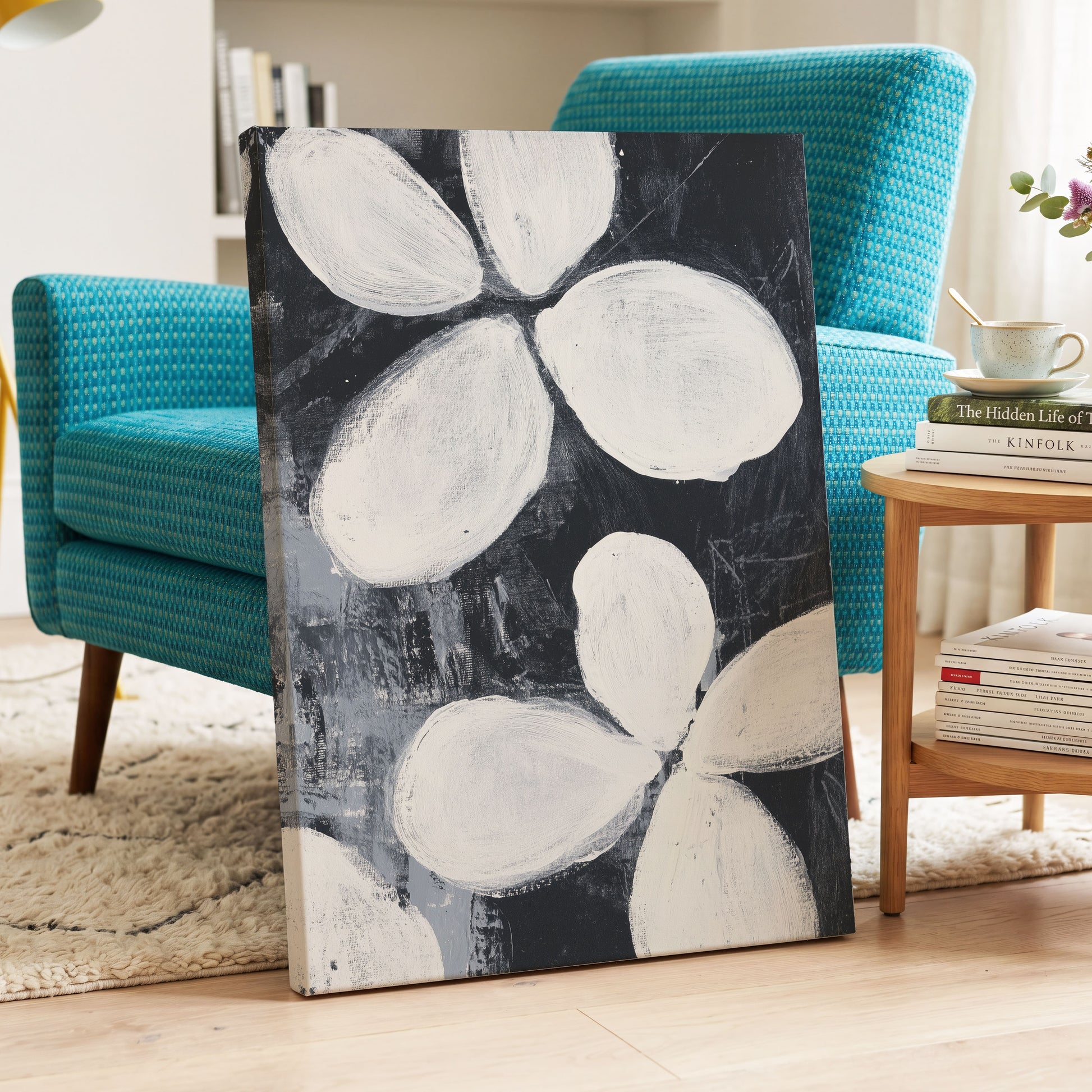 Monochrome Petal Drift, black, white, gray floral wall art displayed in a styled interior, gallery view 7