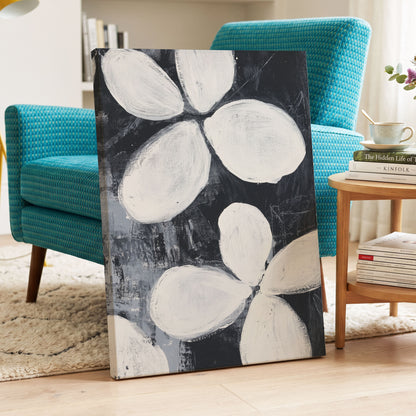 Monochrome Petal Drift, black, white, gray floral wall art displayed in a styled interior, gallery view 7