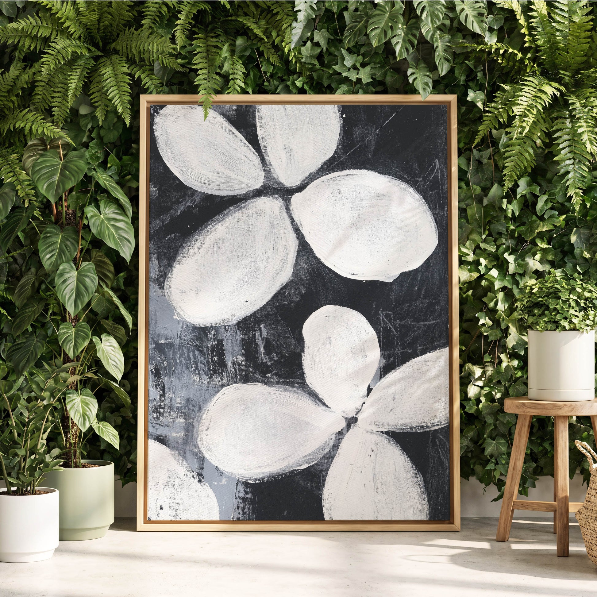 Monochrome Petal Drift, black, white, gray floral wall art displayed in a styled interior, gallery view 8