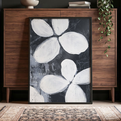 Monochrome Petal Drift, black, white, gray floral wall art displayed in a styled interior, gallery view 9