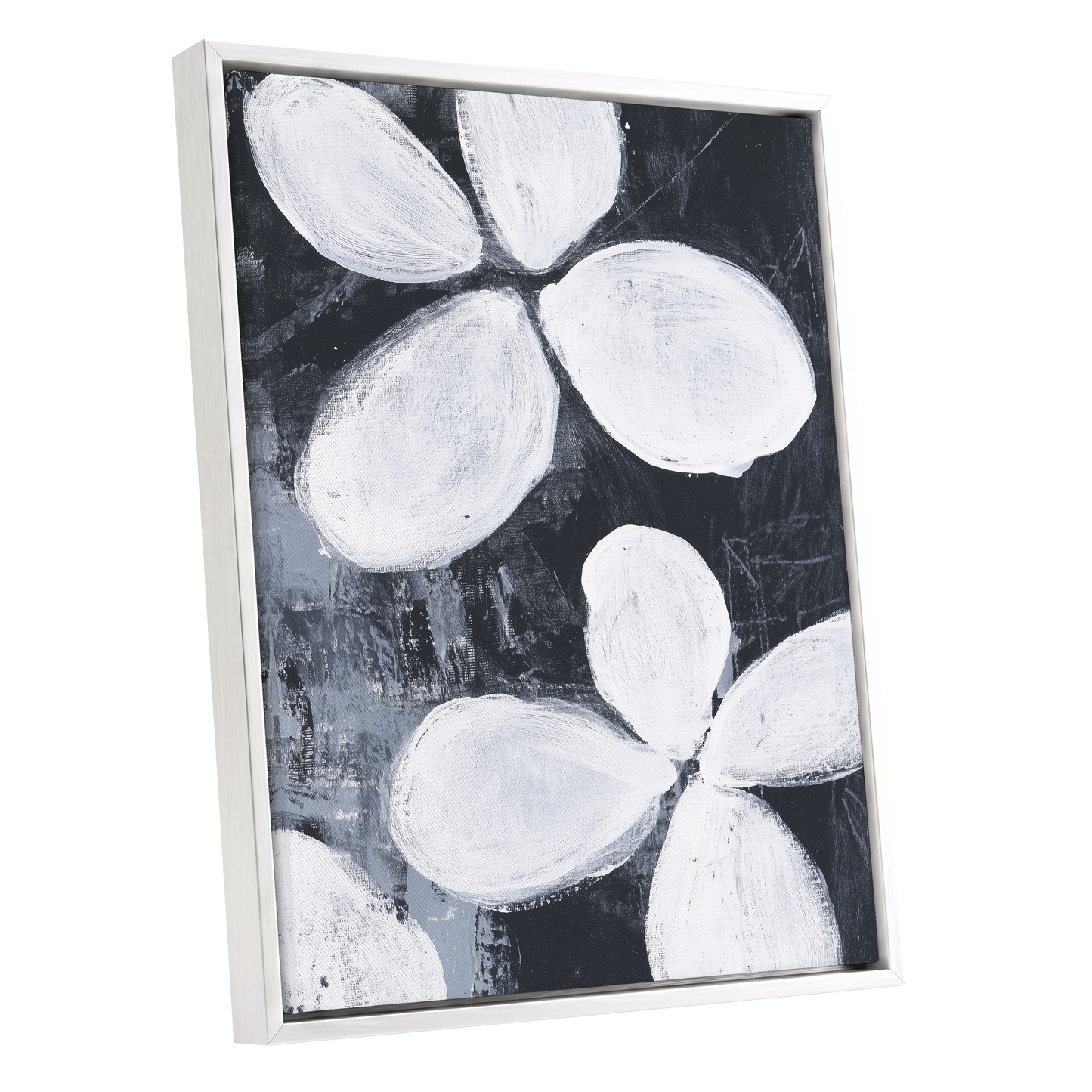 Monochrome Petal Drift, black, white, gray floral wall art shown as a white framed canvas wall art