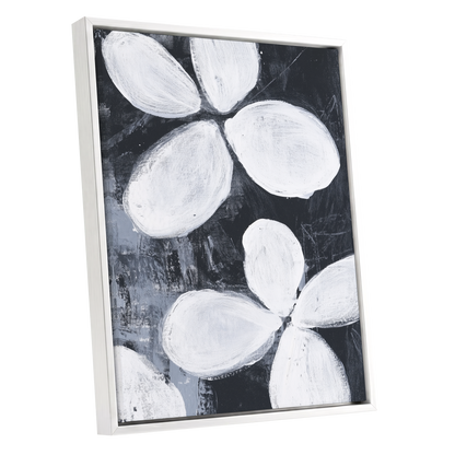 Monochrome Petal Drift, black, white, gray floral wall art shown as a white framed canvas wall art
