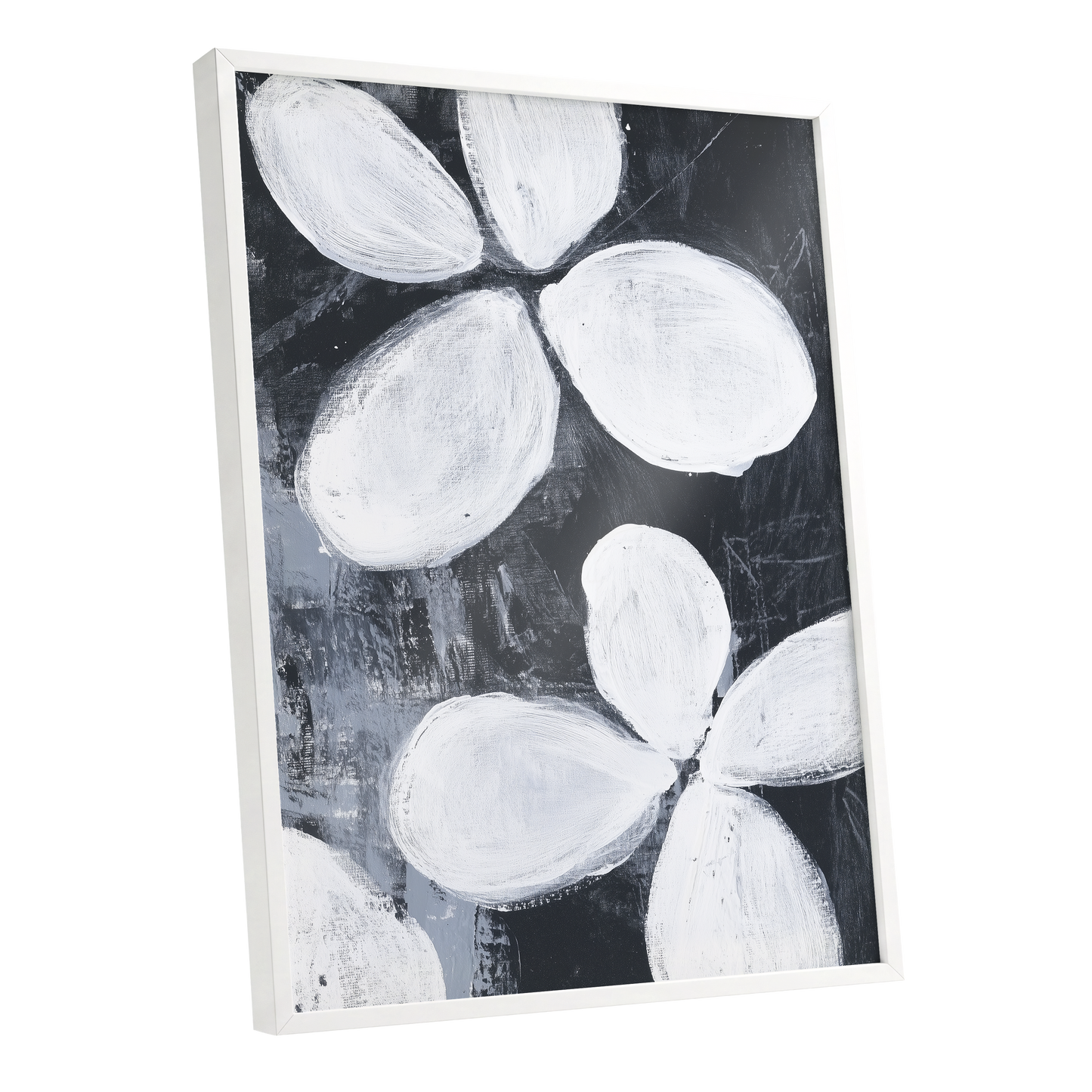 Monochrome Petal Drift, black, white, gray floral wall art shown as a white framed poster wall art print