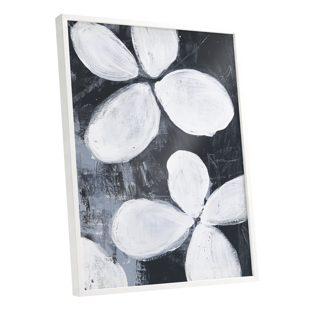 Monochrome Petal Drift, black, white, gray floral wall art shown as a white framed poster wall art print