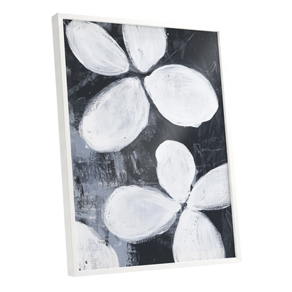 Monochrome Petal Drift, black, white, gray floral wall art shown as a white framed poster wall art print