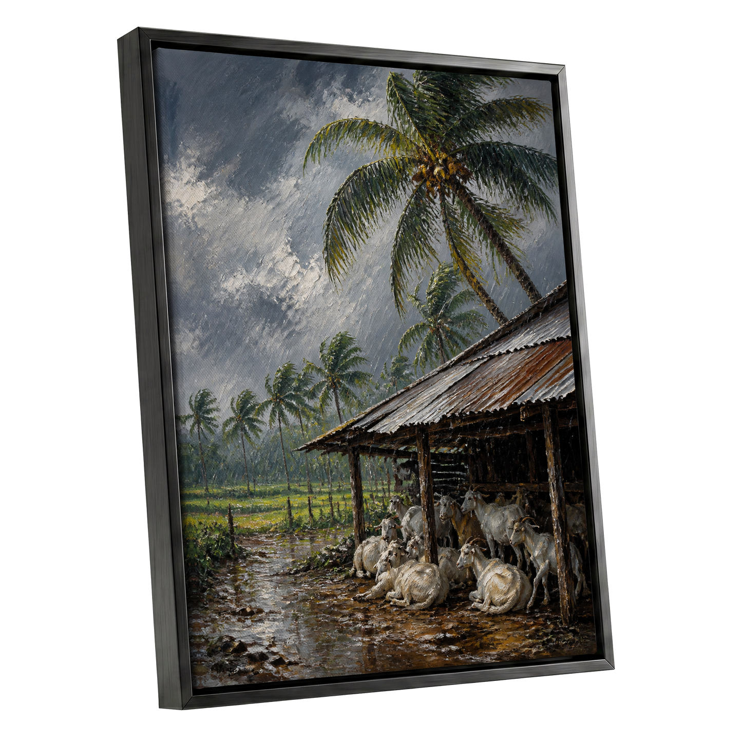 Monsoon Shelter, gray, green, brown nature wall art shown as a black framed canvas wall art