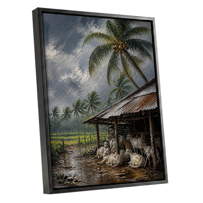 Monsoon Shelter, gray, green, brown nature wall art shown as a black framed canvas wall art