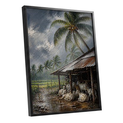 Monsoon Shelter, gray, green, brown nature wall art shown as a black framed poster wall art print