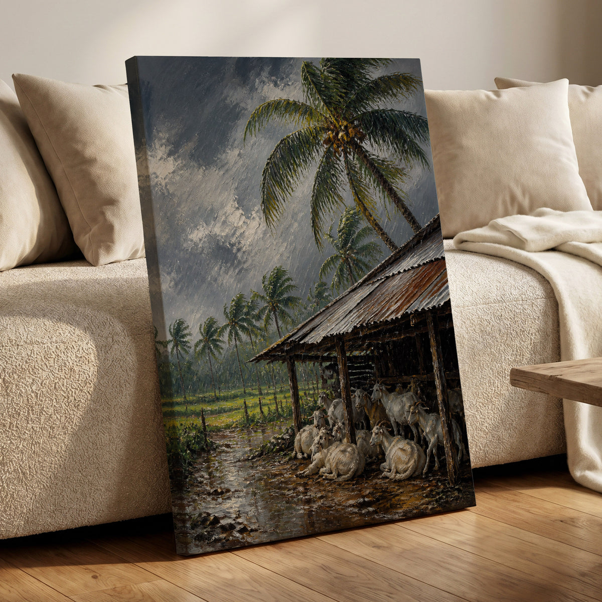 Monsoon Shelter, gray, green, brown nature wall art on canvas displayed in a styled interior, gallery view 1