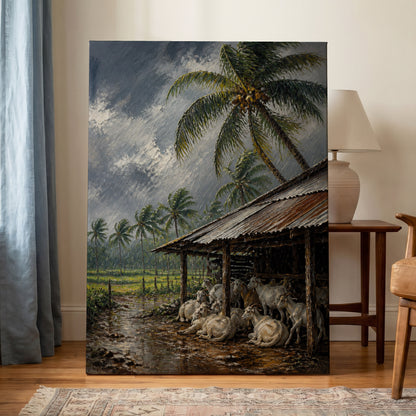 Monsoon Shelter, gray, green, brown nature wall art on canvas displayed in a styled interior, gallery view 1