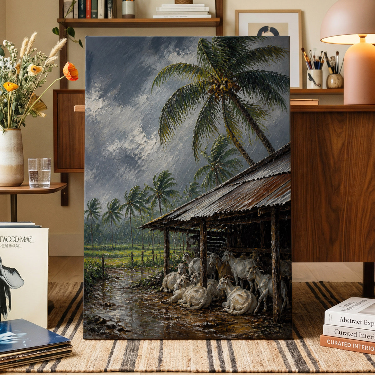 Monsoon Shelter, gray, green, brown nature wall art on canvas displayed in a styled interior, gallery view 2