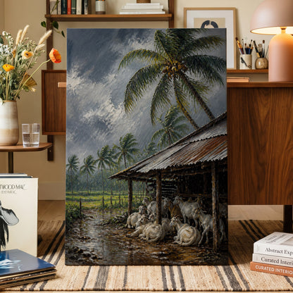 Monsoon Shelter, gray, green, brown nature wall art on canvas displayed in a styled interior, gallery view 2