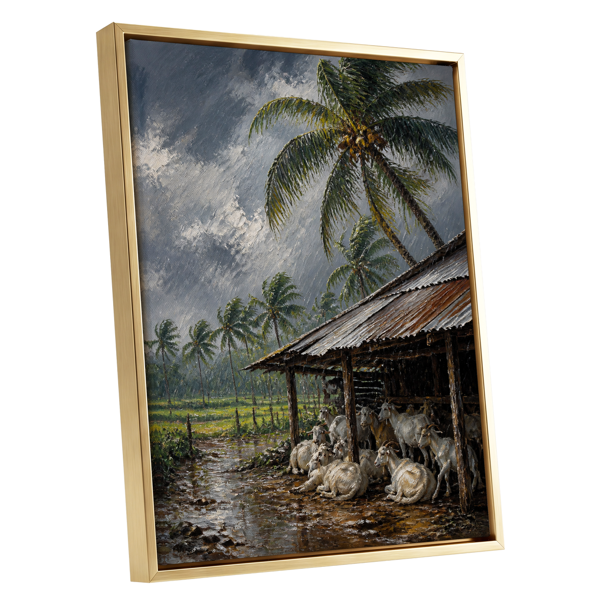 Monsoon Shelter, gray, green, brown nature wall art shown as a gold framed canvas wall art