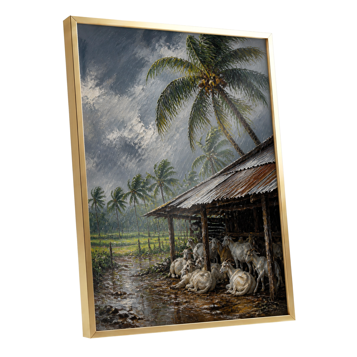 Monsoon Shelter, gray, green, brown nature wall art shown as a gold framed poster wall art print