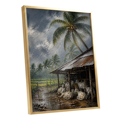 Monsoon Shelter, gray, green, brown nature wall art shown as a gold framed poster wall art print