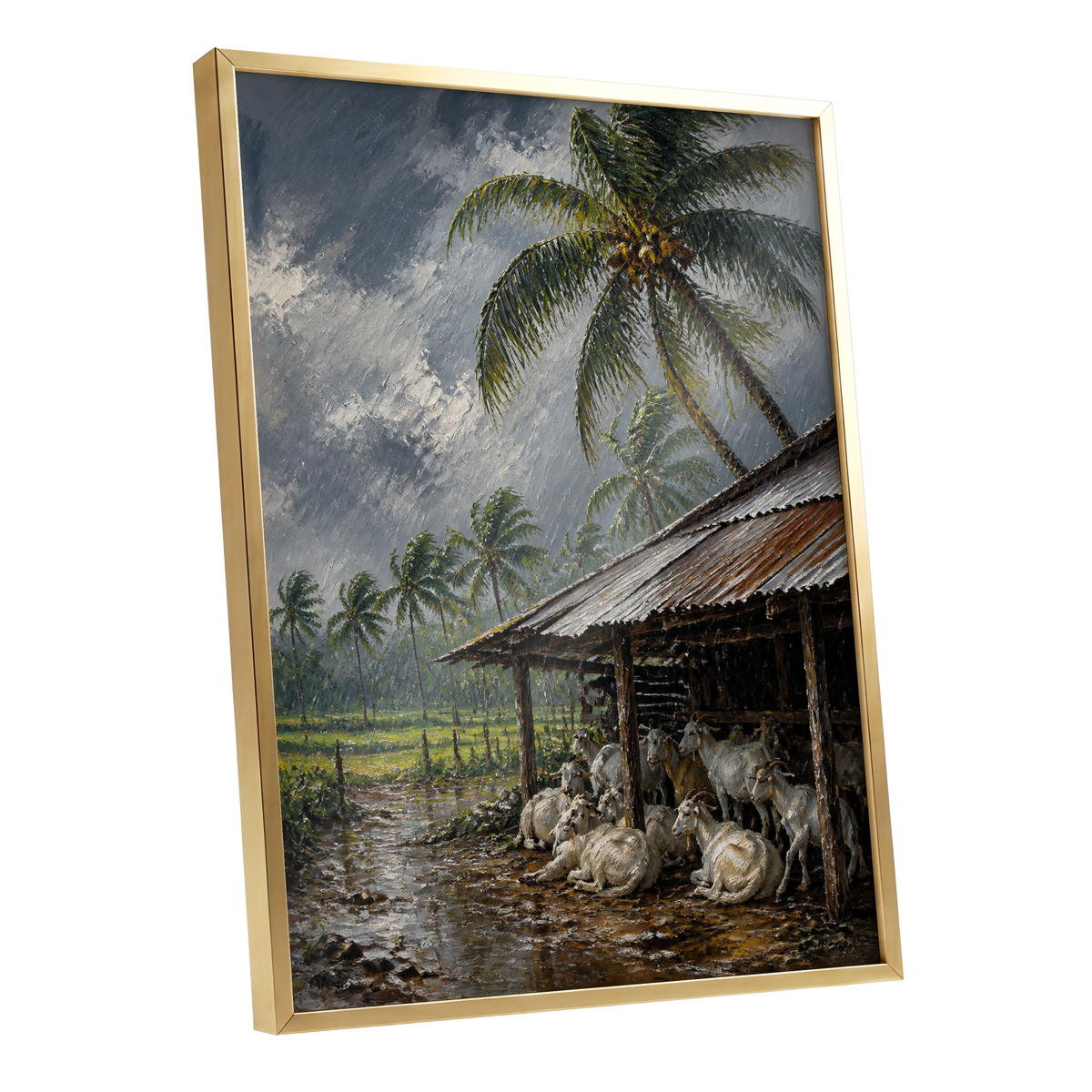Monsoon Shelter, gray, green, brown nature wall art shown as a gold framed poster wall art print