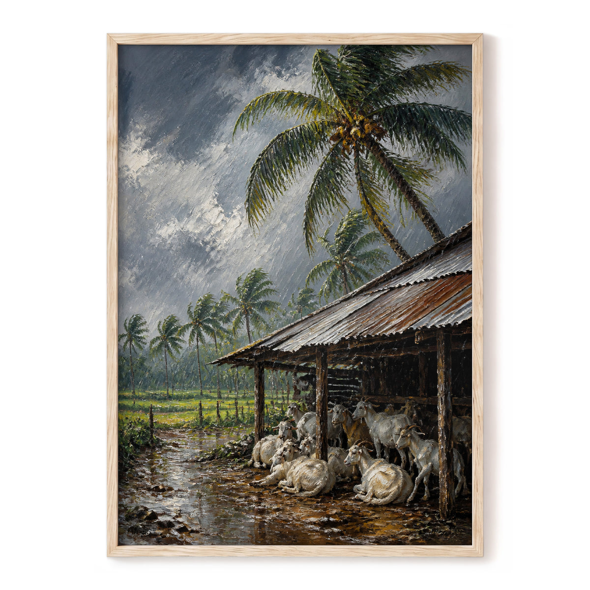 Monsoon Shelter, gray, green, brown nature wall art, front artwork view