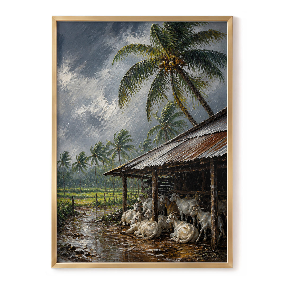 Monsoon Shelter, gray, green, brown nature wall art, front artwork view