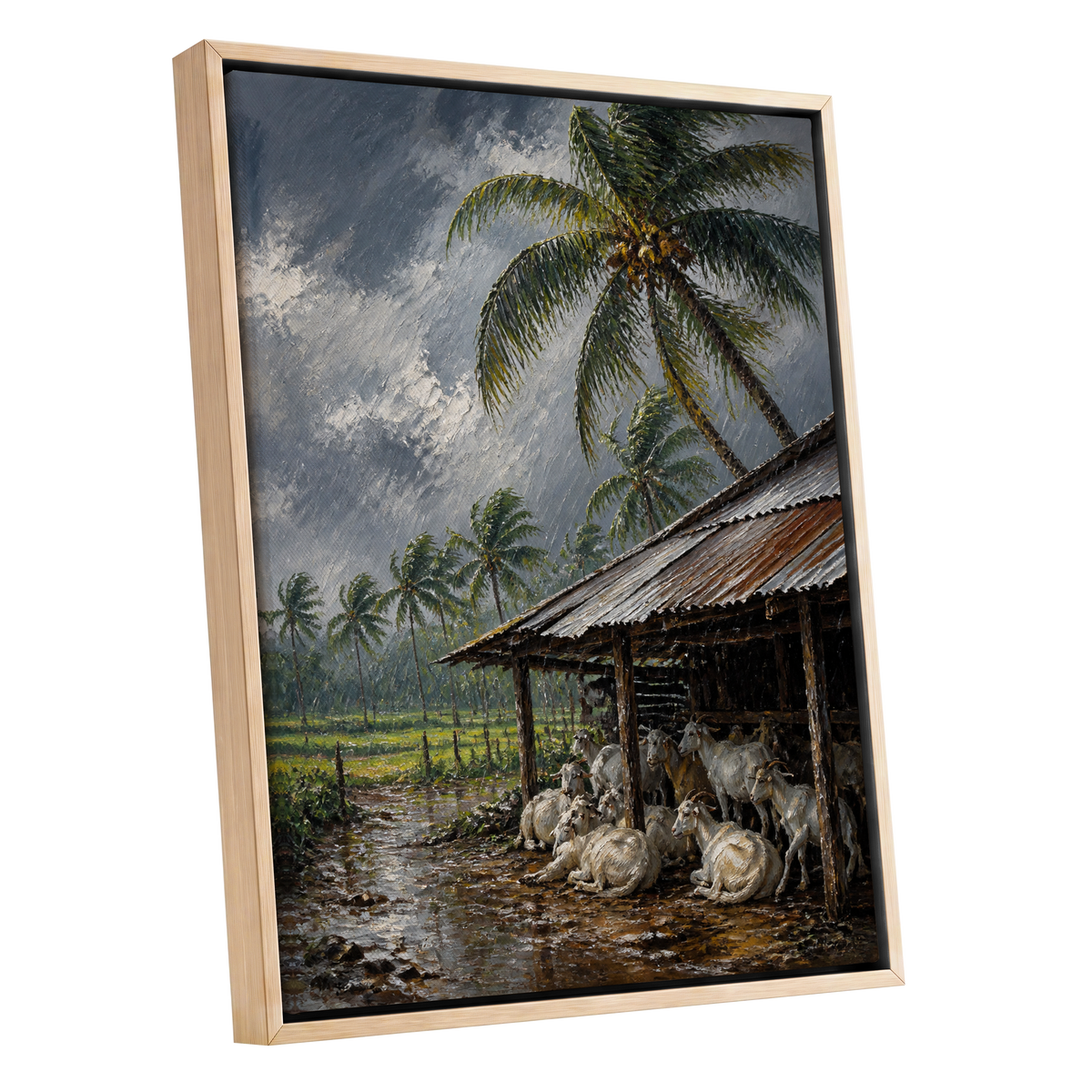 Monsoon Shelter, gray, green, brown nature wall art shown as a oak framed canvas wall art