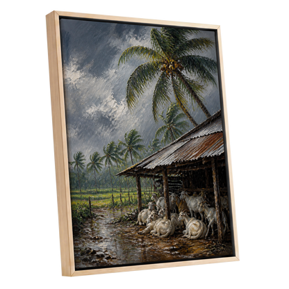 Monsoon Shelter, gray, green, brown nature wall art shown as a oak framed canvas wall art