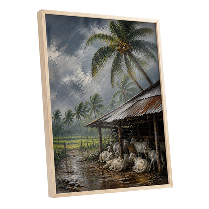 Monsoon Shelter, gray, green, brown nature wall art shown as a oak framed poster wall art print